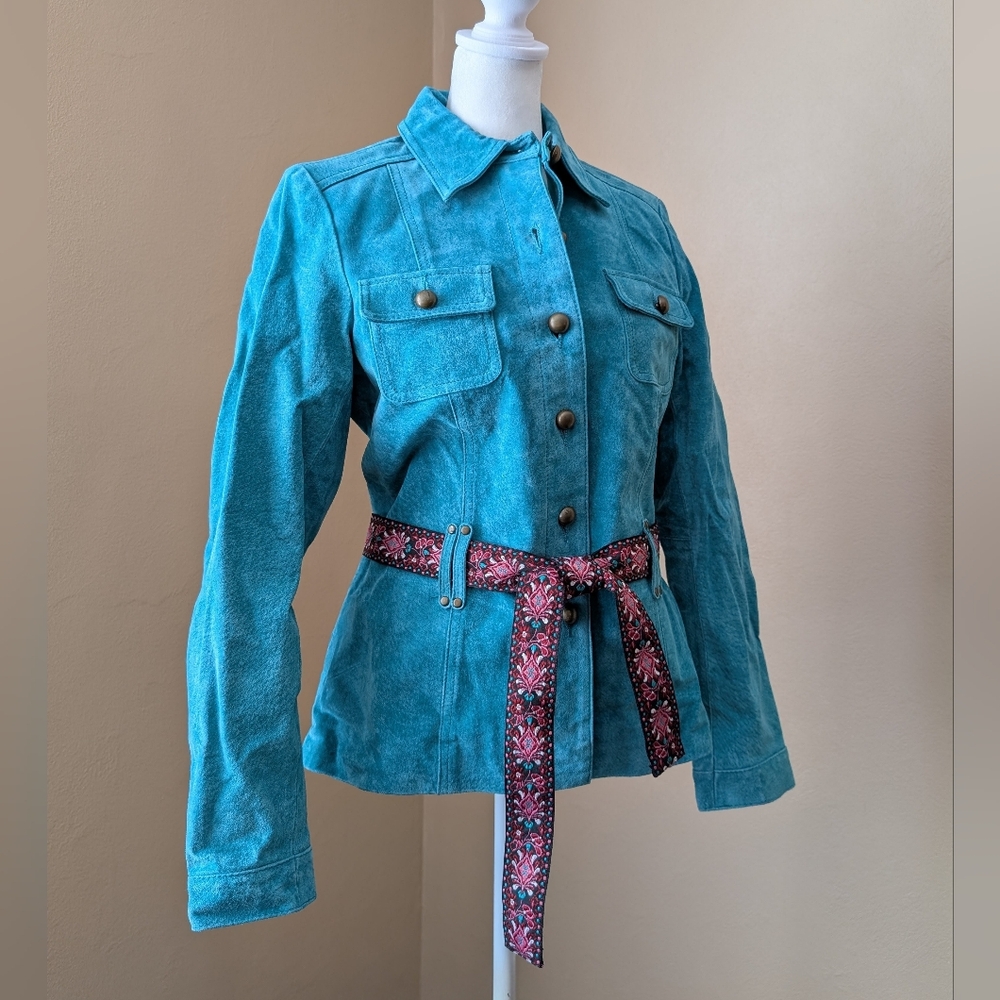 Ruff Hewn Suede Turquoise Utility Jacket with Patterned Belt Women's Size M - Picture 2 of 13